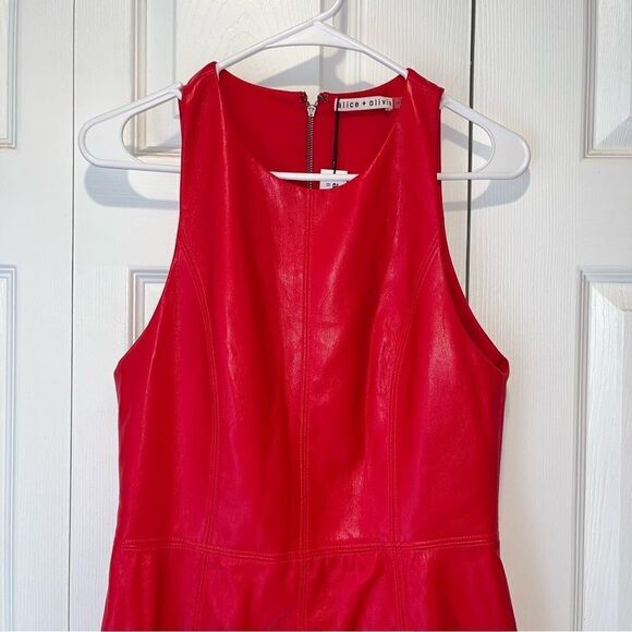 NWT Alice + Olivia Leandra Vegan Leather Mini Dress size 10 in Perfect Ruby - Picture 2 of 9